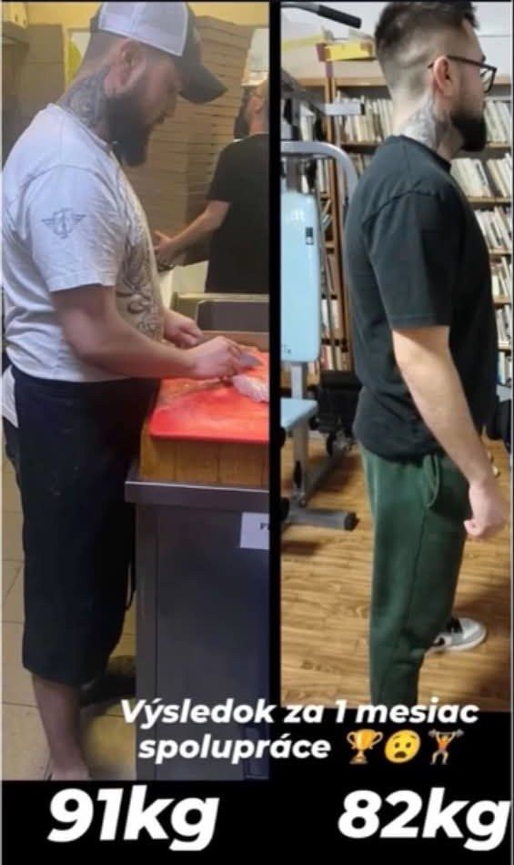 Premena klienta: −9 kg za 1 mesiac (Oliver · 91 → 82 kg) – pred a po