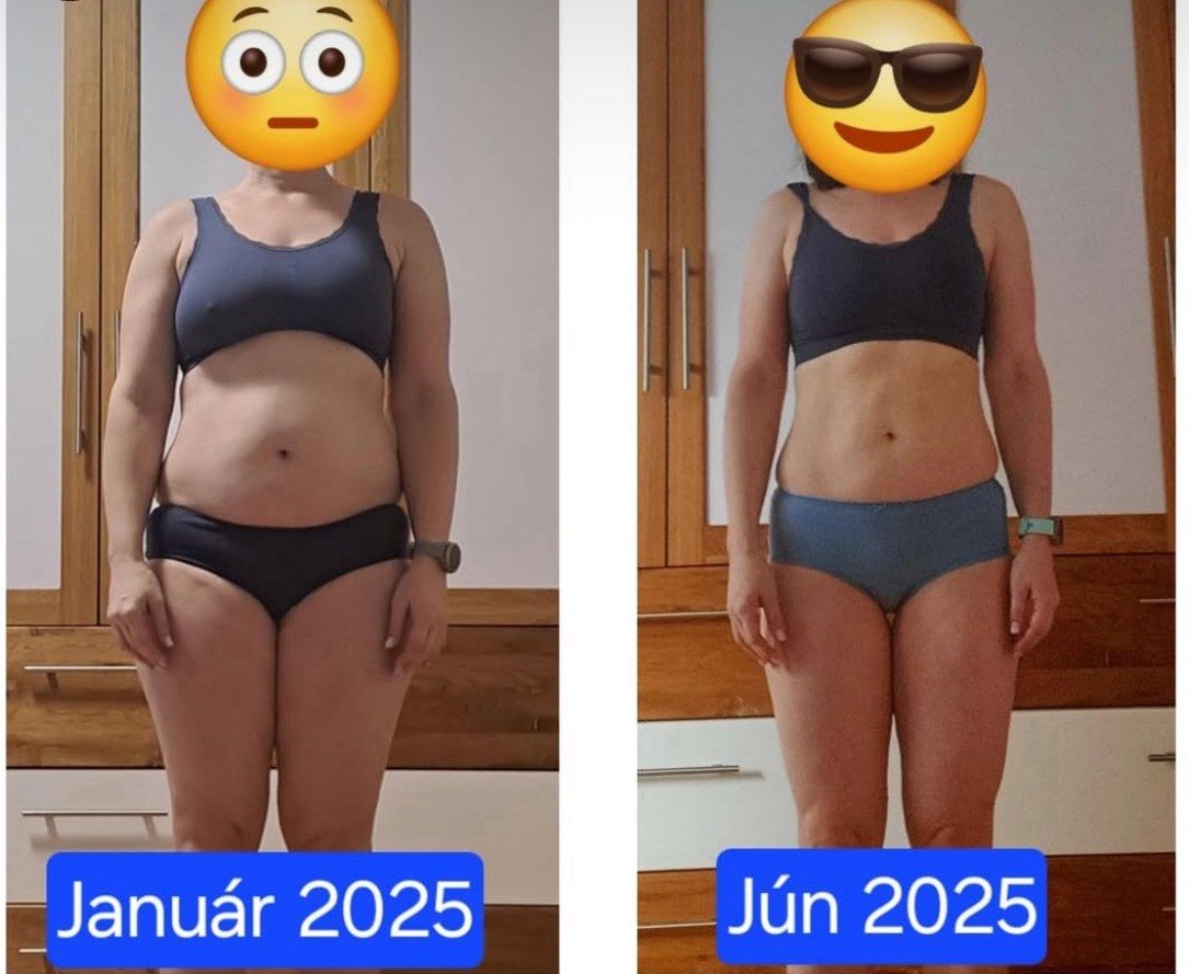 Premena klienta: −10 kg, +2,5 kg svalov (Január → Jún 2025) – pred a po